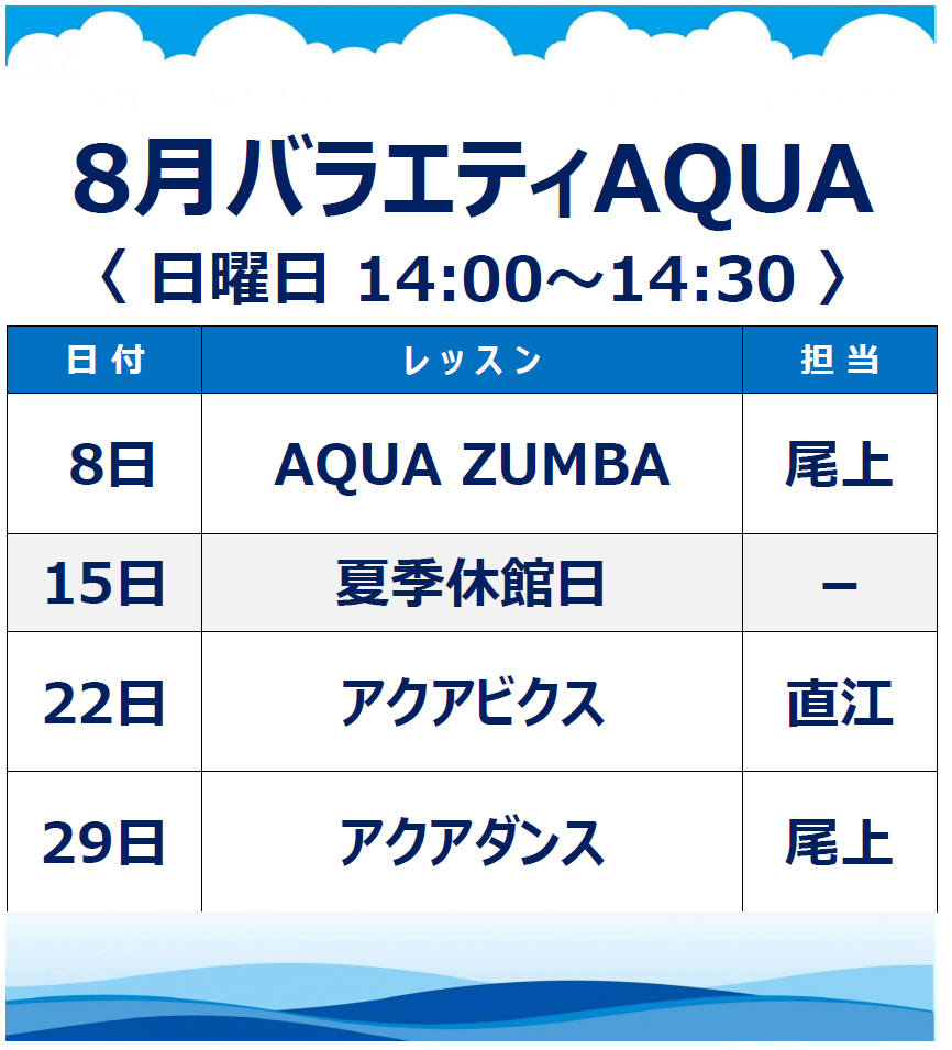 8月 日曜日バラエティアクア スタッフボイス キッズ セントラルフィットネスクラブ 金沢