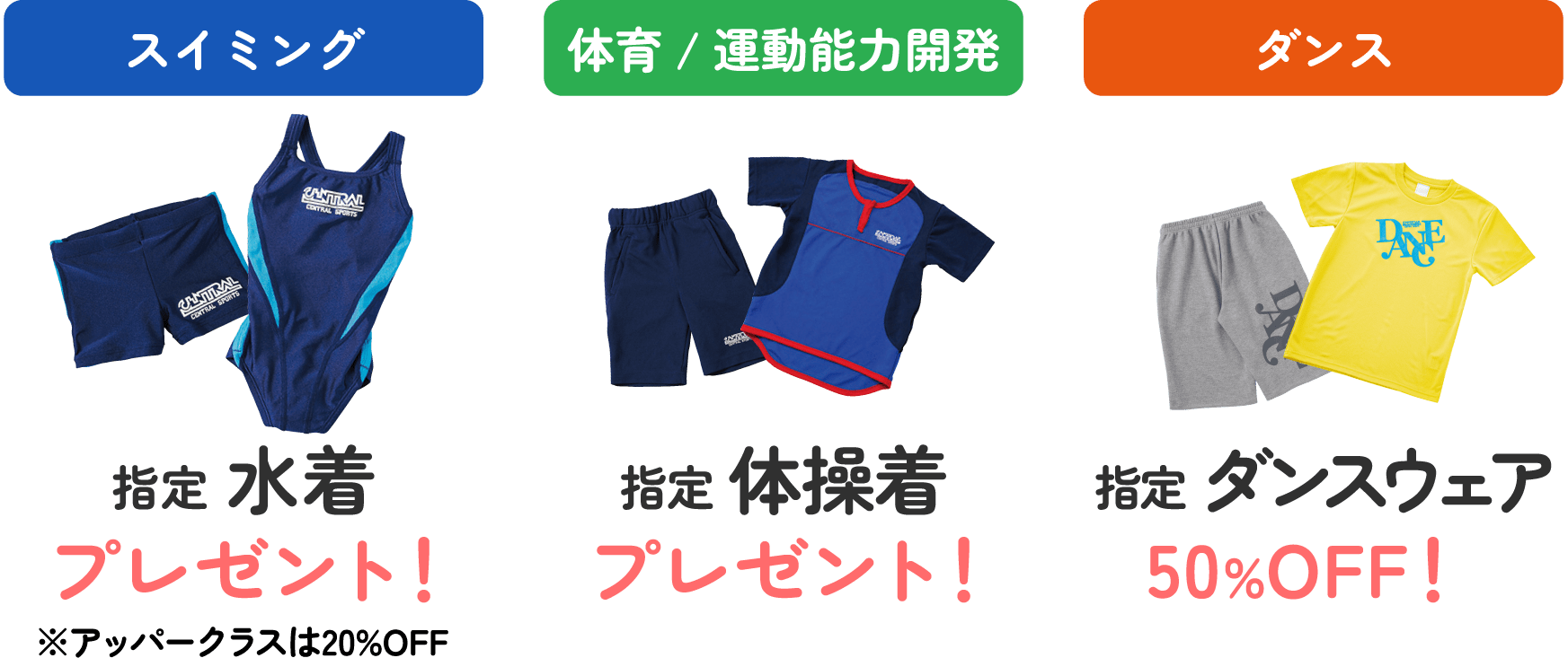特典2スイミング体育指定ウェアプレゼント!ダンスウェアは50%OFF