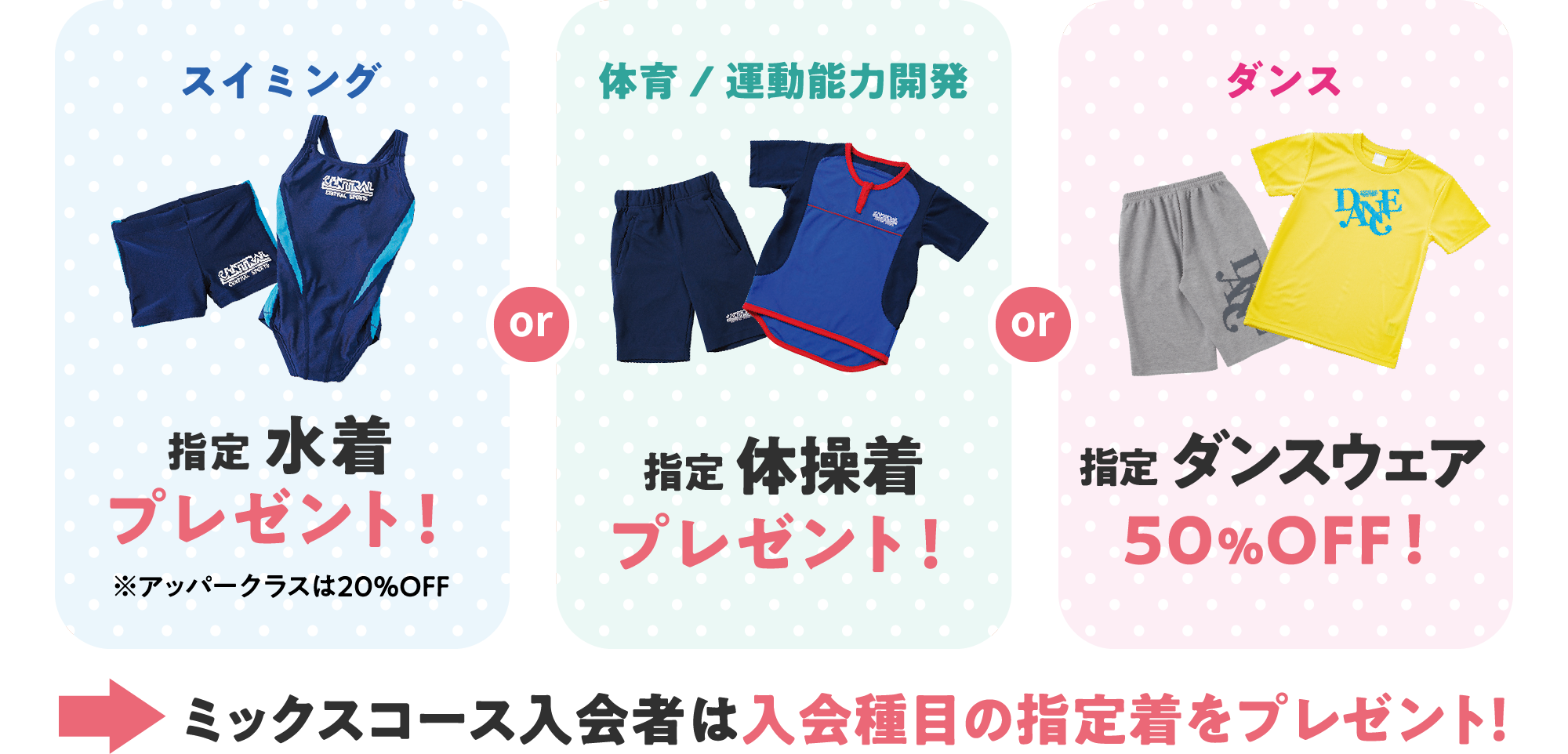 スイミングと体育と運動能力開発は指定ウェアをプレゼント！ダンスは指定ウェア50％オフ！ミックスコースは入会種目の指定着をプレゼント！
