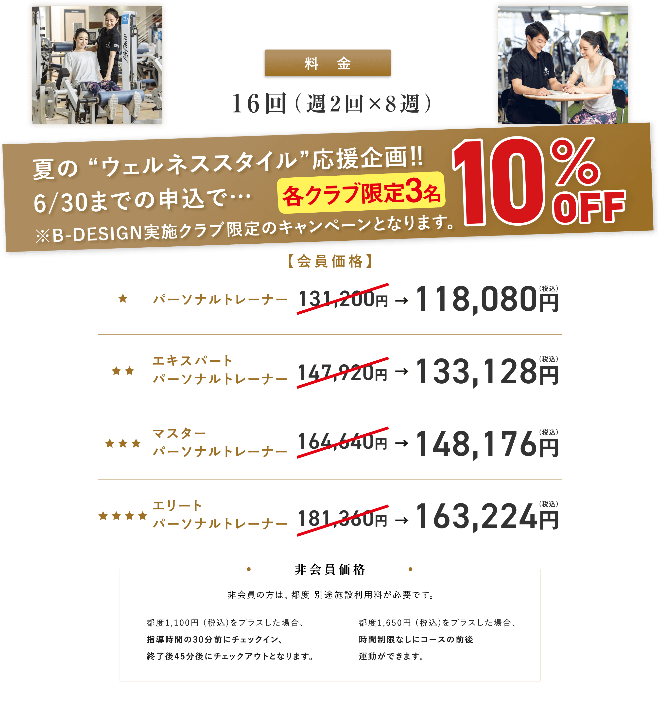 料金。6/30までの申し込みで、各クラブ限定3名さま10％OFF ※B-DESIGN実施クラブ限定のキャンペーンとなります。会員価格の場合、パーソナルトレーナー：131,200円のところ118,080円(税込)、エキスパートパーソナルトレーナー：147,920円のところ133,128円(税込)、マスターパーソナルトレーナー：164,640円のところ148,176円(税込) 、エリートパーソナルトレーナー：181,360円のところ163,224円(税込)。非会員の方は、都度別途施設利用料が必要です。都度1,100円 (税込)をプラスした場合、指導時間の30分前にチェックイン、終了後45分後にチェックアウトとなります。都度1,650円(税込)をプラスした場合、時間制限なしにコースの前後運動ができます。