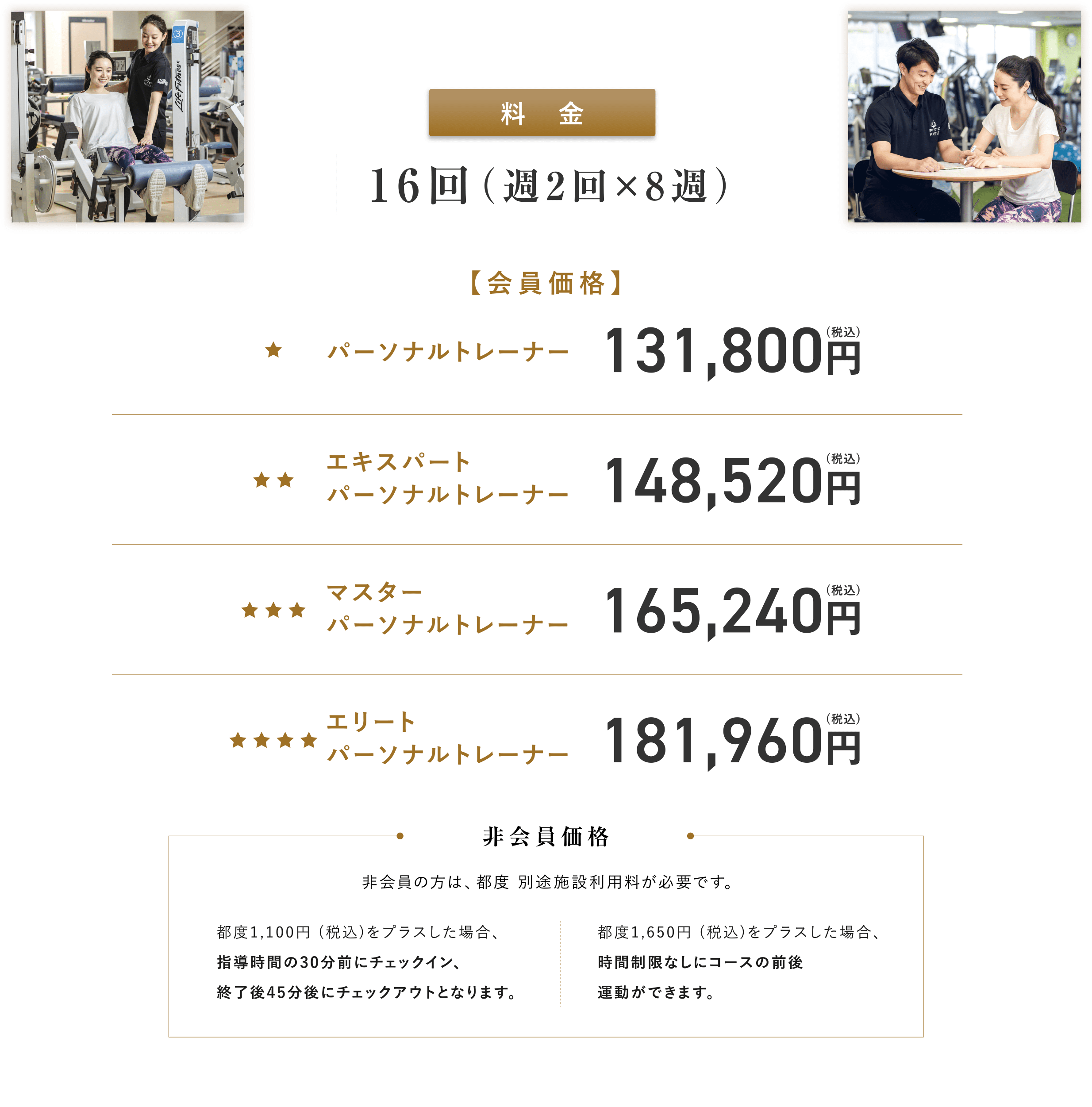 料金。会員価格の場合、パーソナルトレーナー：131,800円(税込)、エキスパートパーソナルトレーナー：148,520円(税込)、マスターパーソナルトレーナー：165,240円(税込)、エリートパーソナルトレーナー：181,960円(税込)。非会員の方は、都度別途施設利用料が必要です。都度1,100円 (税込)をプラスした場合、指導時間の30分前にチェックイン、終了後45分後にチェックアウトとなります。都度1,650円(税込)をプラスした場合、時間制限なしにコースの前後運動ができます。
