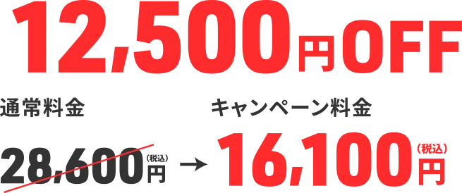 12,500円OFF｜通常料金 28,600円（税込）→キャンペーン料金 16,100円（税込）