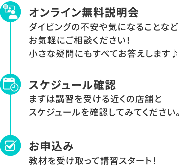 オンライン無料説明会 ダイビングの不安や気になることなどお気軽にご相談ください！小さな疑問にもすべてお答えします♪｜スケジュール確認 まずは講習を受ける近くの店舗とスケジュールを確認してみてください。｜お申込み 教材を受け取って講習スタート！