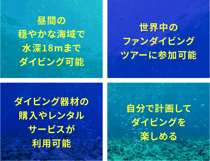 昼間の穏やかな海域で水深18mまでダイビング可能｜世界中のファンダイビングツアーに参加可能｜ダイビング器材の購入やレンタルサービスが利用可能｜自分で計画してダイビングを楽しめる