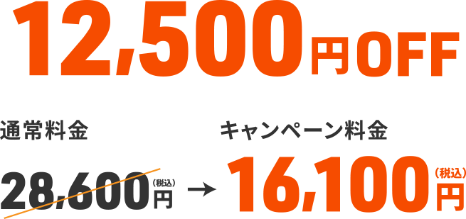 12,500円OFF｜通常料金 28,600円（税込）→キャンペーン料金 16,100円（税込）