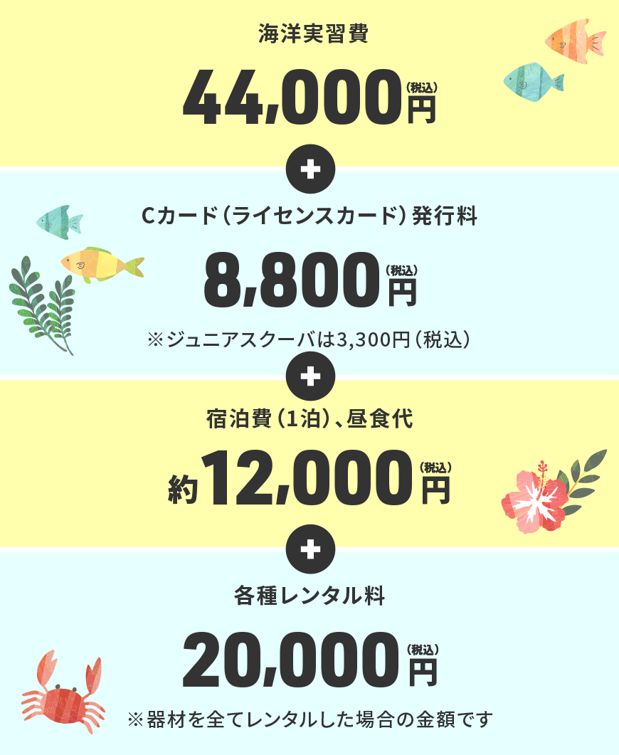 海洋実習費 44,000円（税込）+ Cカード（ライセンスカード）発行料 8,800円（税込）※ジュニアスクーバは3,300円（税込）+ 宿泊費（1泊）、昼食代 約12,000円（税込）+ 各種レンタル料 20,000円（税込） ※器材を全てレンタルした場合の金額です