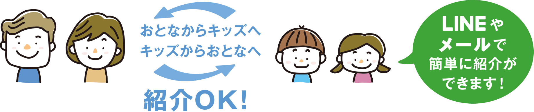 おとなからキッズへキッズからおとなへ紹介OK! LINEやメールで簡単に紹介ができます!
