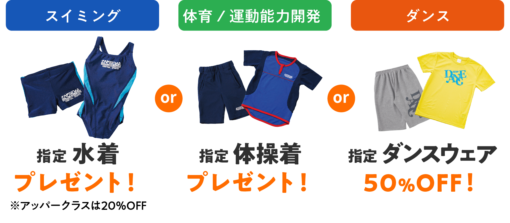 特典2スイミング体育指定ウェアプレゼント!ダンスウェアは50%OFF