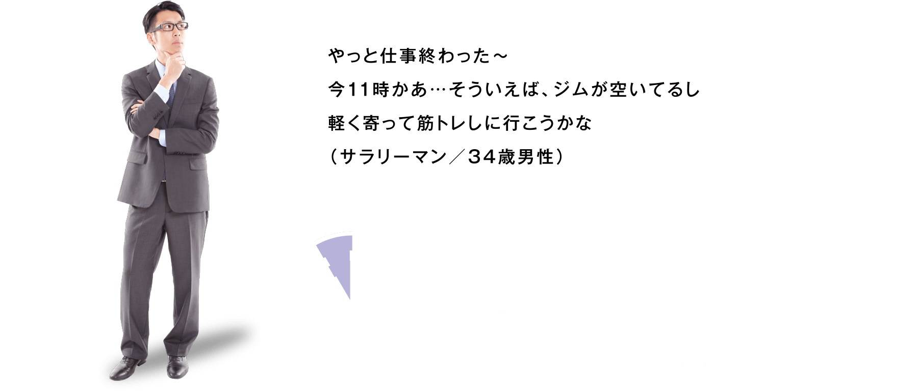 やっと仕事終わった～今11時かあ…そういえば、ジムが空いてるし軽く寄って筋トレしに行こうかな（サラリーマン／34歳男性）PM11:00～PM12:00 ランニングマシン（30min)・ウエイトマシン(30min)