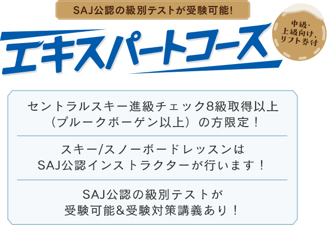 SAJ公認の級別テストが受験可能! エキスパートコース 中級・上級向け、リフト券付 セントラルスキー進級チェック8級取得以上（プルークボーゲン以上）の方限定! スキー/スノーボードレッスンはSAJ公認インストラクターが行います! SAJ公認の級別テストが受験可能&受験対策講義あり!