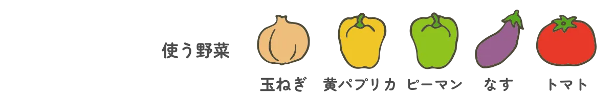 使う野菜｜玉ねぎ・黄パプリカ・ピーマン・なす・トマト