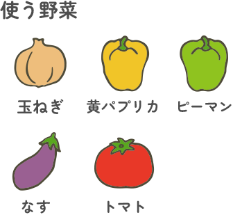 使う野菜:玉ねぎ・黄パプリカ・ピーマン・なす・トマト