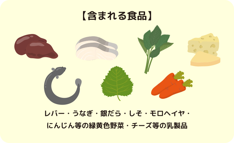 【含まれる食品】レバー・うなぎ・銀だら・しそ・モロヘイヤ・にんじん等の緑黄色野菜・チーズ等の乳製品