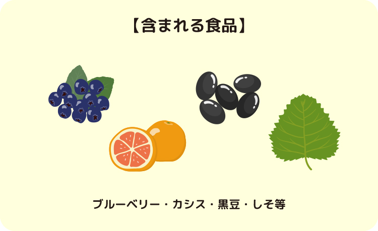 【含まれる食品】ブルーベリー・カシス・黒豆・しそ等