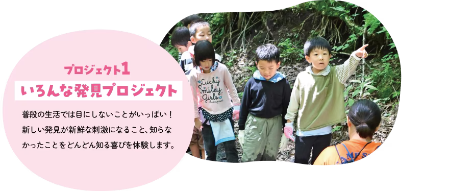 「プロジェクト１：いろんな発見プロジェクト」普段の生活では目にしないことがいっぱい！新しい発見が新鮮な刺激になること、知らなかったことをどんどん知る喜びを体験します。
