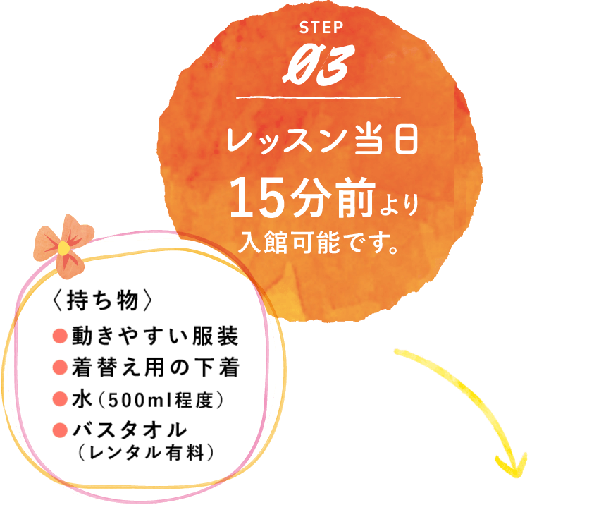 レッスン当日　15分前より入館可能です。