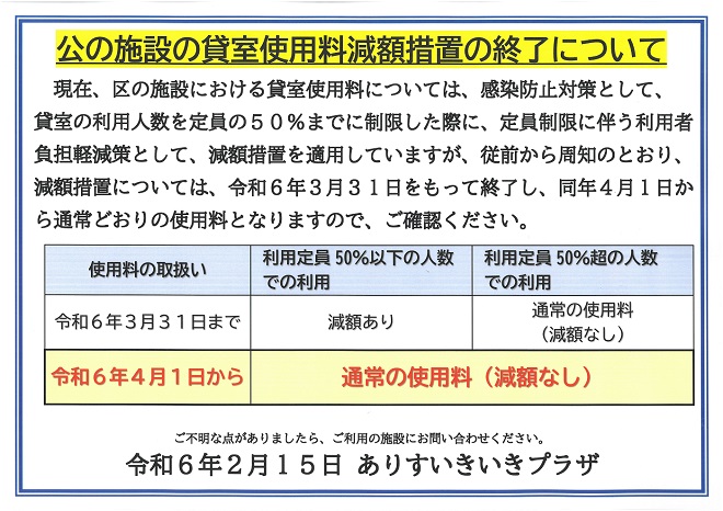 公の施設の貸室使用料減額措置の終了について