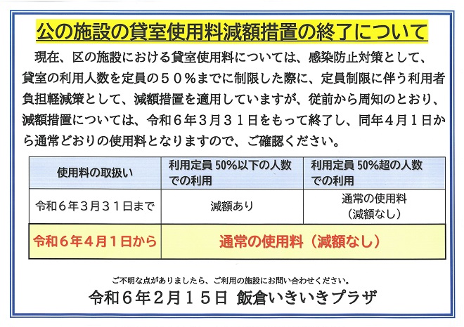 公の施設の貸室使用料減額措置の終了について