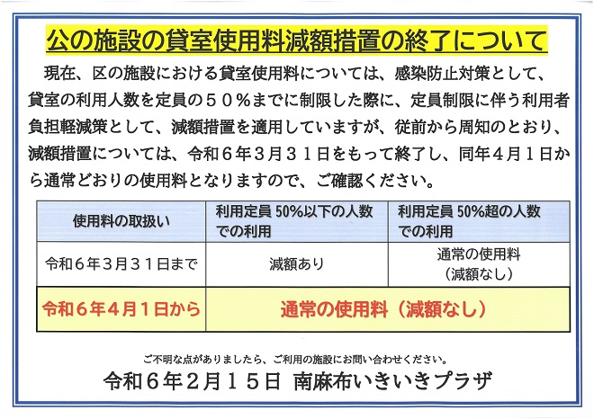 公の施設の貸室使用料減額措置の終了について